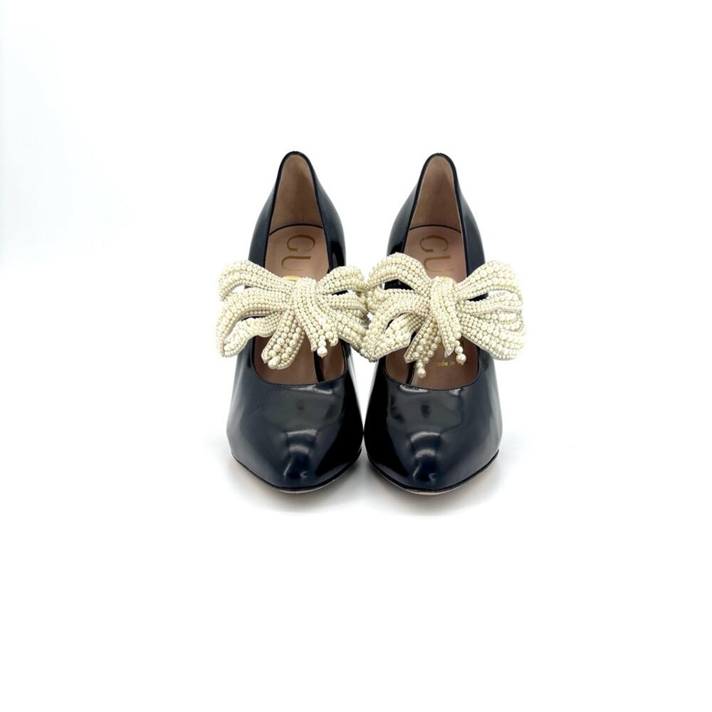 Gucci Elaisa Pearl Removable Bow Pointed Toe High Heel Pumps 38.5 - Picture 5 of 12